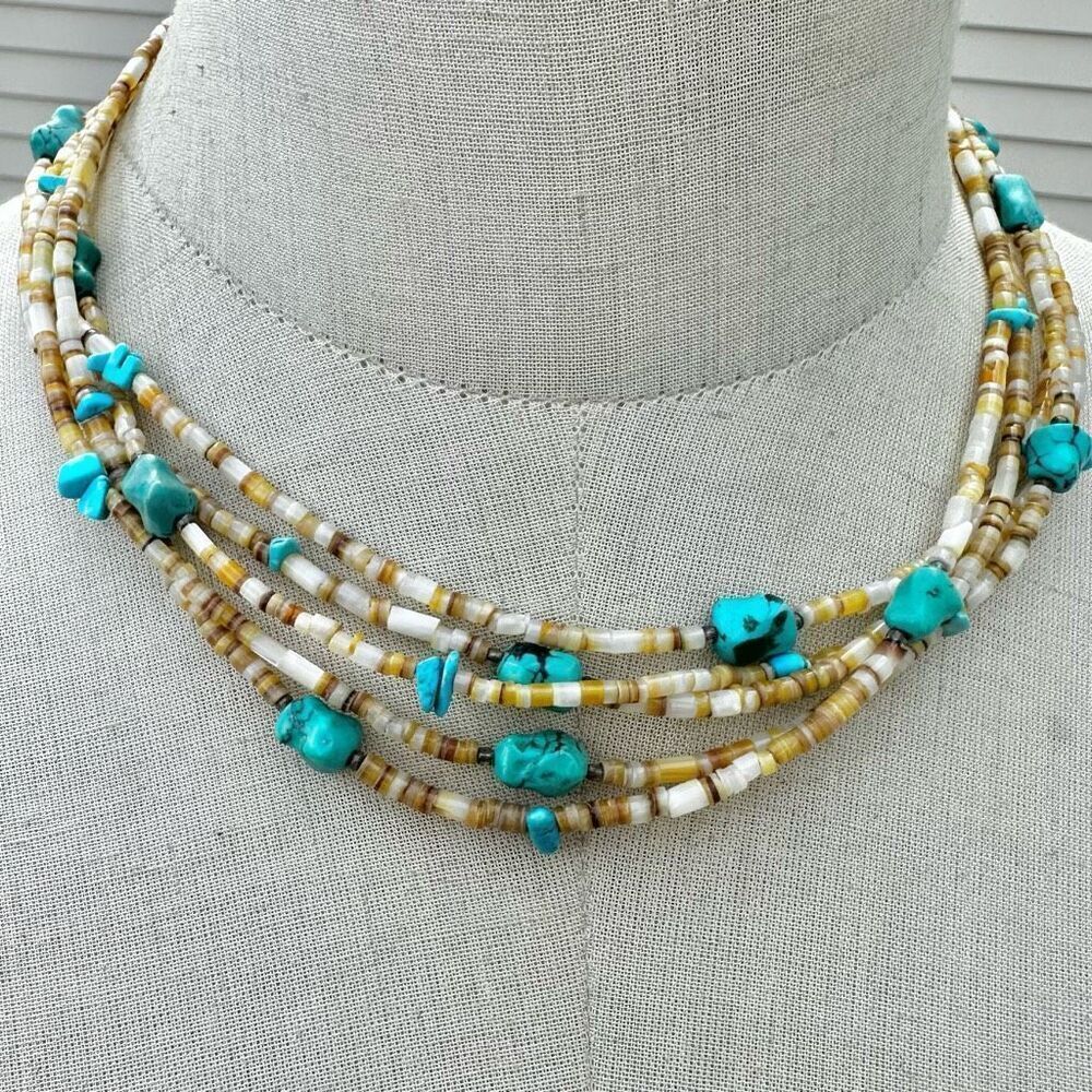 Peyote Bird 5 Strand Turquoise yellow beaded Bead Necklace sterling clasp